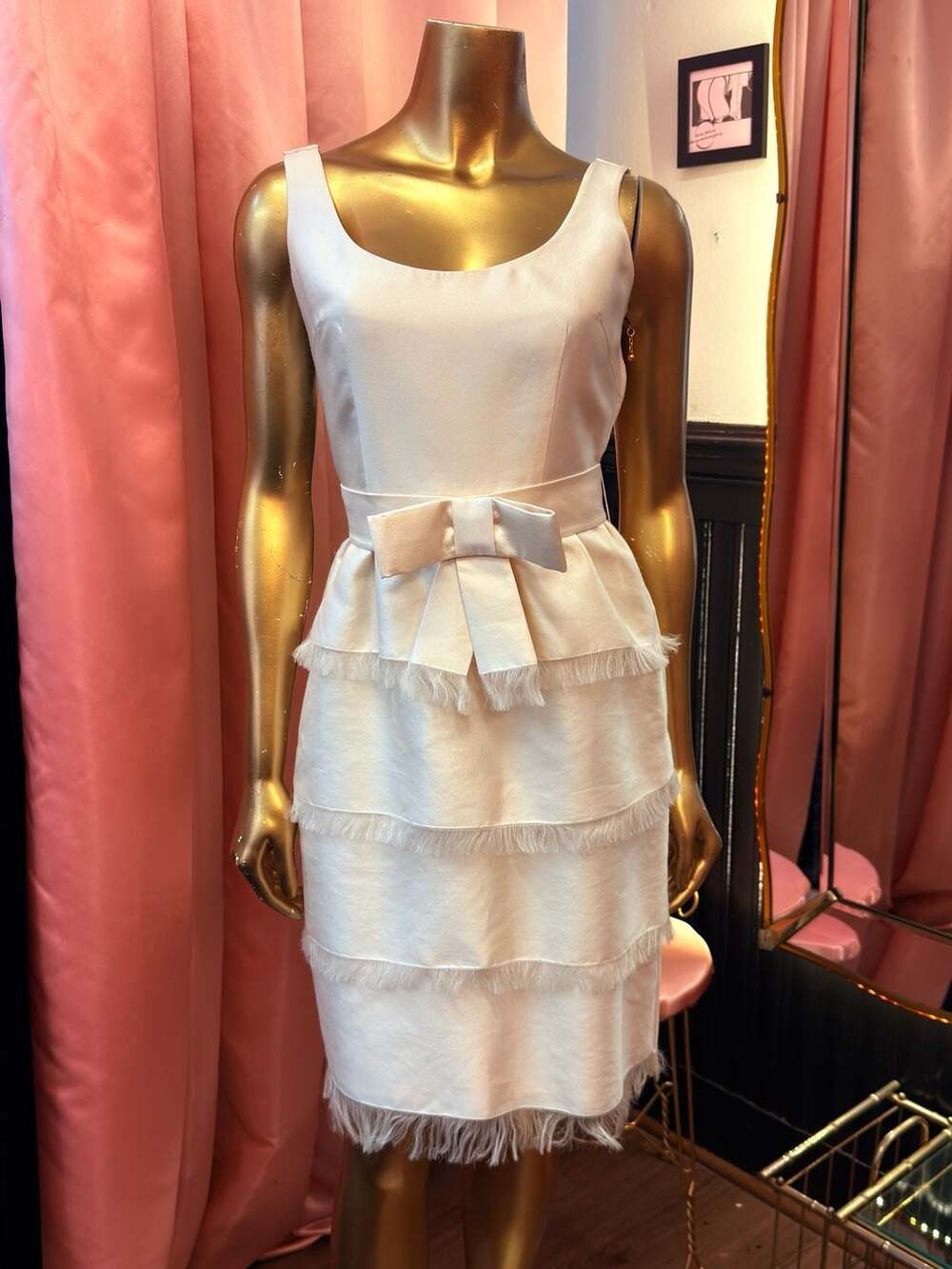 Kate Spade Ivory Crème Silk Tiered Cocktail Dress 4 Bow Fringe Classic Elegant S